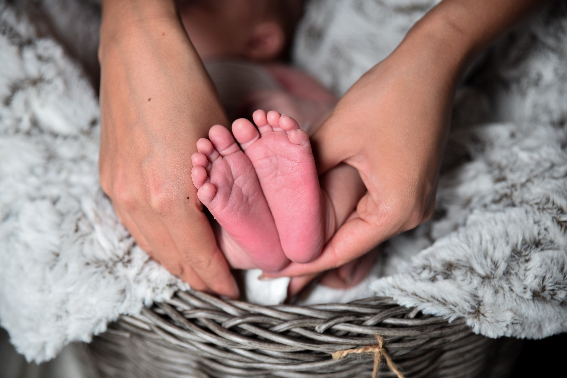 Füße eines Neugeborenen in der Hand der Mutter